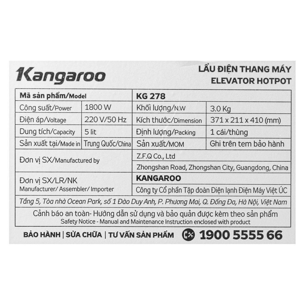 [Mã ELHADEV giảm 4% đơn 300K] Nồi lẩu thang máy Kangaroo KG278 5 lít