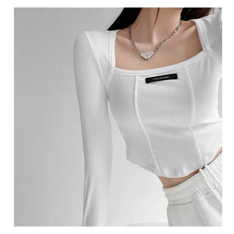 Áo Croptop Cổ Vuông Tay Dài Vạt Bầu Kèm Tag Sang Chảnh