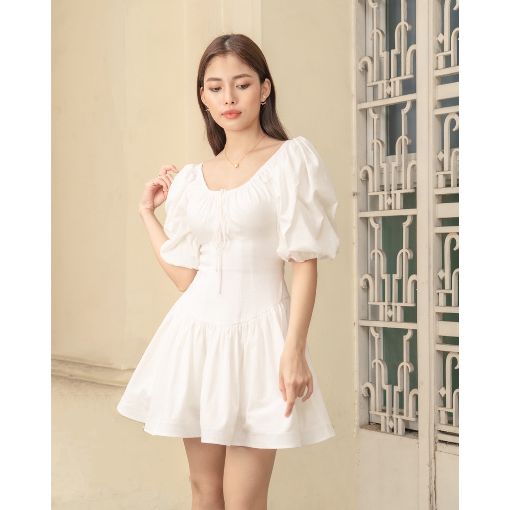 Đầm linen trắng xoè tay phồng - belle dress - dearie.club