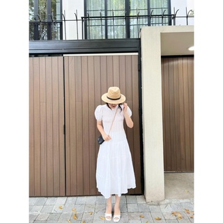 Váy maxi dáng dài tay bồng dúm eo