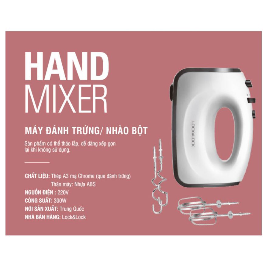 Máy Đánh Trứng Lock&amp;Lock Hand Mixer EJM501DGRY (300W) - 5 cấp độ - BH 12 tháng - Hàng Chính Hãng