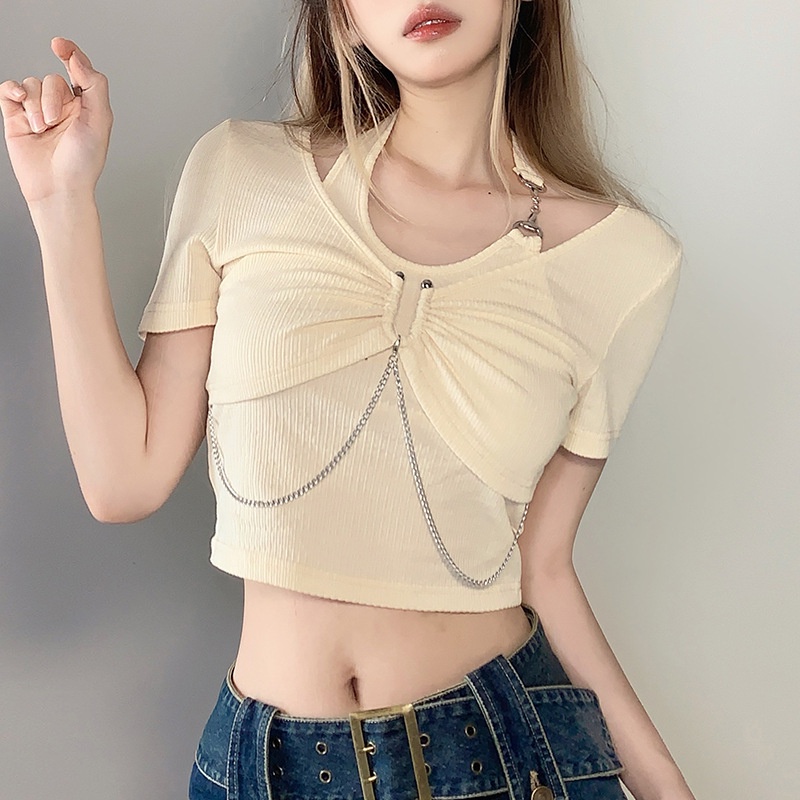 Áo Thun Tay Ngắn Cổ Chữ U Phối Dây Xích Thời Trang Cá Tính Cho Nữ