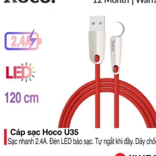 CHÍNH HÃNG Dây cáp sạc nhanh Tự Ngắt khi đầy có đèn báo Hoco U#35 Dành cho ip-ss-typeC Siêu Bền- Bảo Vệ Máy