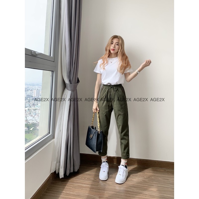 Quần Baggy kaki nữ AGE2X, phong cách công sở kết hợp dạo phố, chất kaki cotton wash mềm, phối sọc bo gân co giãn tốt  ྇