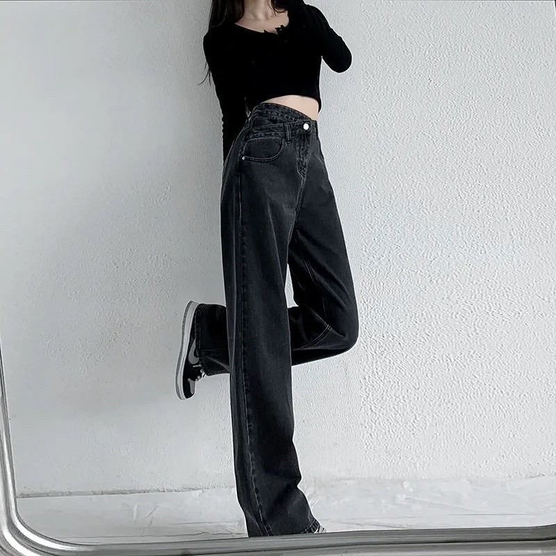 quần jean nữ ống rộng cạp cao dáng suông 1 cúc cạp lệch cá tính , quần bò cullotes unlazang hách dáng Hàn Quốc | BigBuy360 - bigbuy360.vn