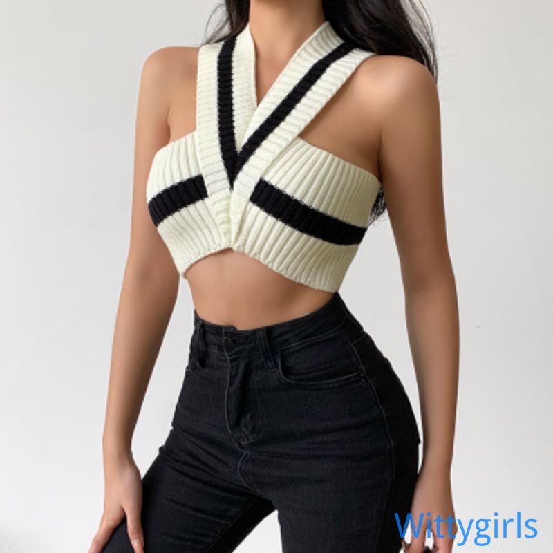 Áo Croptop Dệt Kim Sát Nách Cổ Chữ V Màu Sắc Tương Phản Thời Trang Mùa Hè Cho Nữ