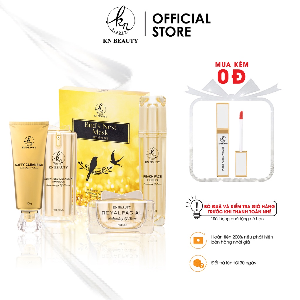 Bộ 5 sản Royal KN Beauty: Gel tẩy tế bào chết +sữa rửa mặt +tinh chất dưỡng + kem dưỡng + mặt nạ tặng son kem KN Beauty