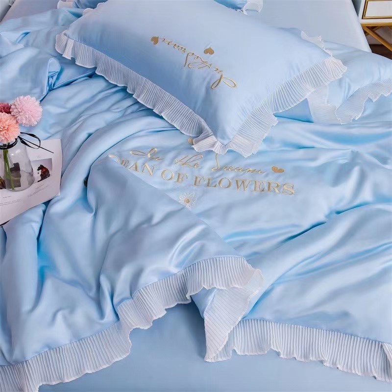 Bộ chăn gối lụa thêu chăn hè- Chất liệu phi lụa tencel mềm mịn mướt mát thích hợp mùa hè, miễm phí may chun