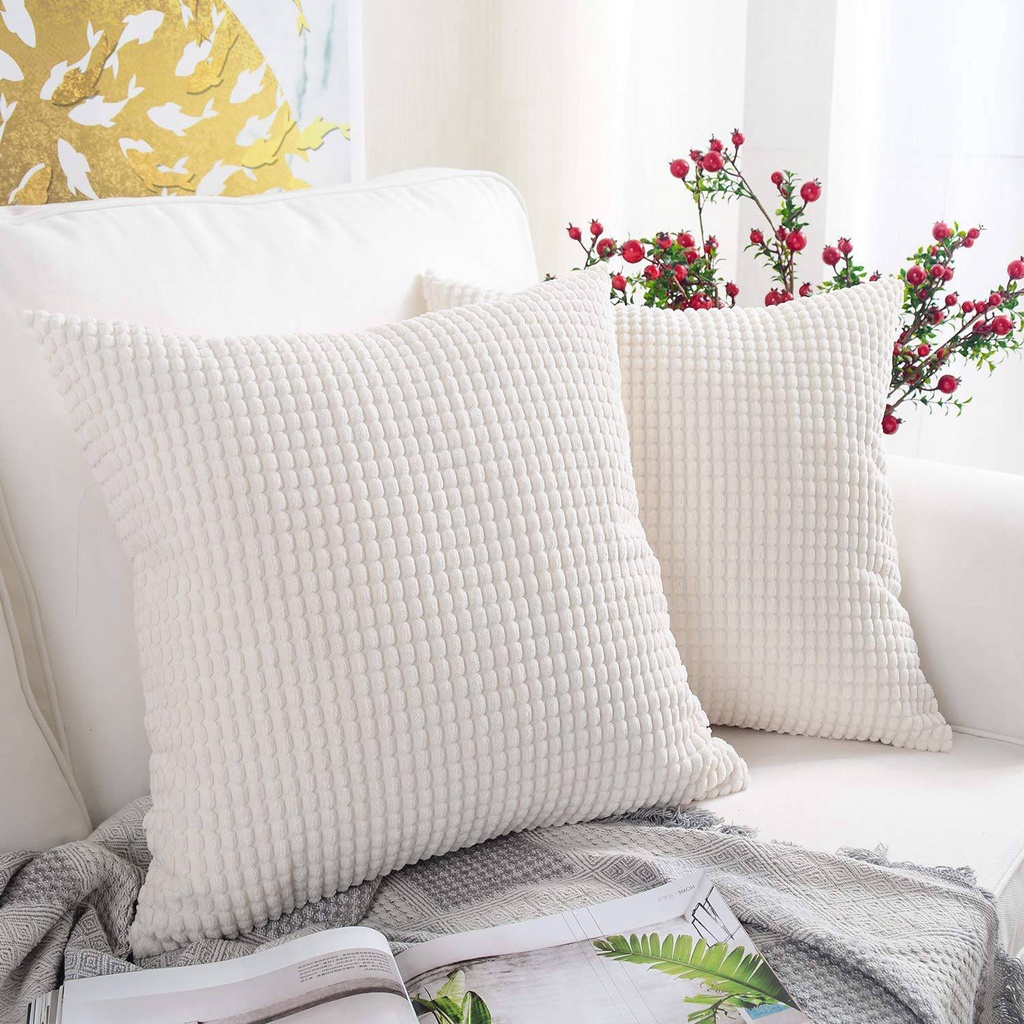 Pack of 2, Corduroy Soft Solid Christmas Decorative Square Throw Pillow Covers Set Cushion Case for Sofa Bedroom Car 18 X 18 Inch/45 X 45 cm Cream White