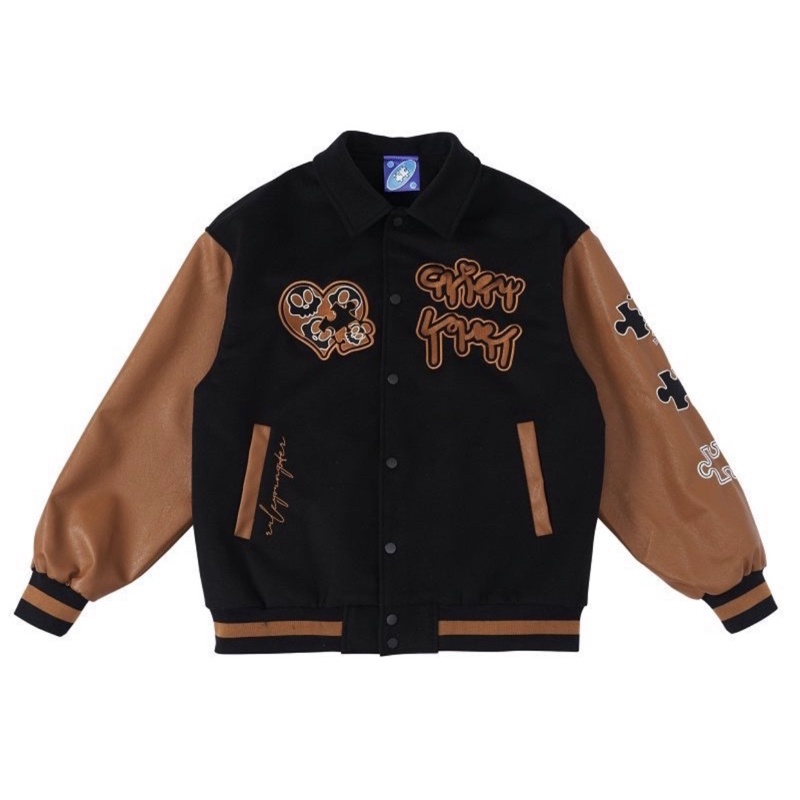 [DEAL SỐC] Áo khoác bomber - Jacket Varsity chữ thêu tay da phối màu nâu form rộng unisex nam nữ | BigBuy360 - bigbuy360.vn