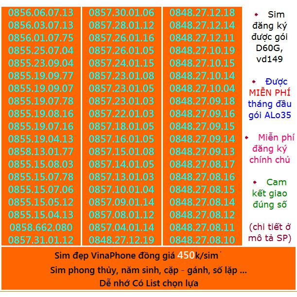 Sim Vina số đẹp 450k List 3 Miễn phí ĐK chính chủ Miễn phí gói ALO35 tháng đầu, ĐK được gói VD149-D60G...(xem ở chi tết)