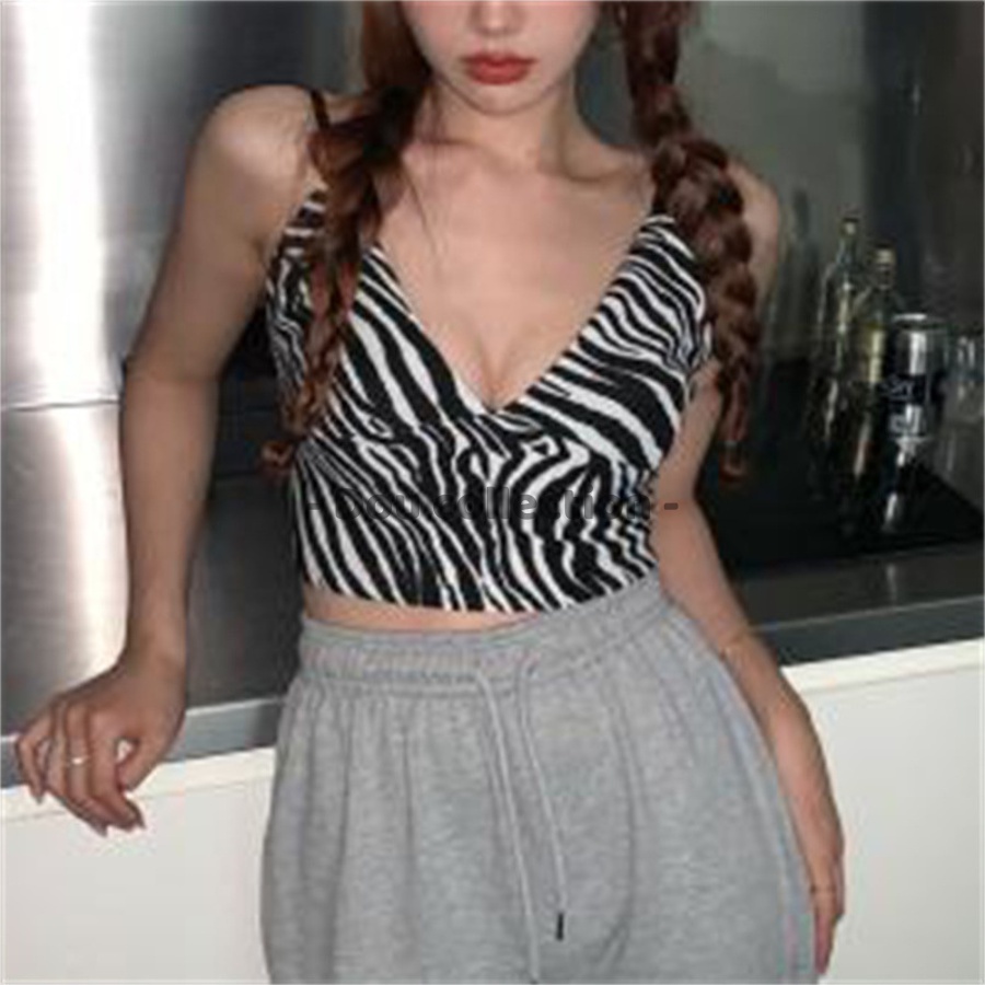 Áo Hai Dây Cổ V Họa Tiết Vằn Dáng Croptop Co Giãn Phong Cách Hàn Quốc - Dou Collection - Mã TA037