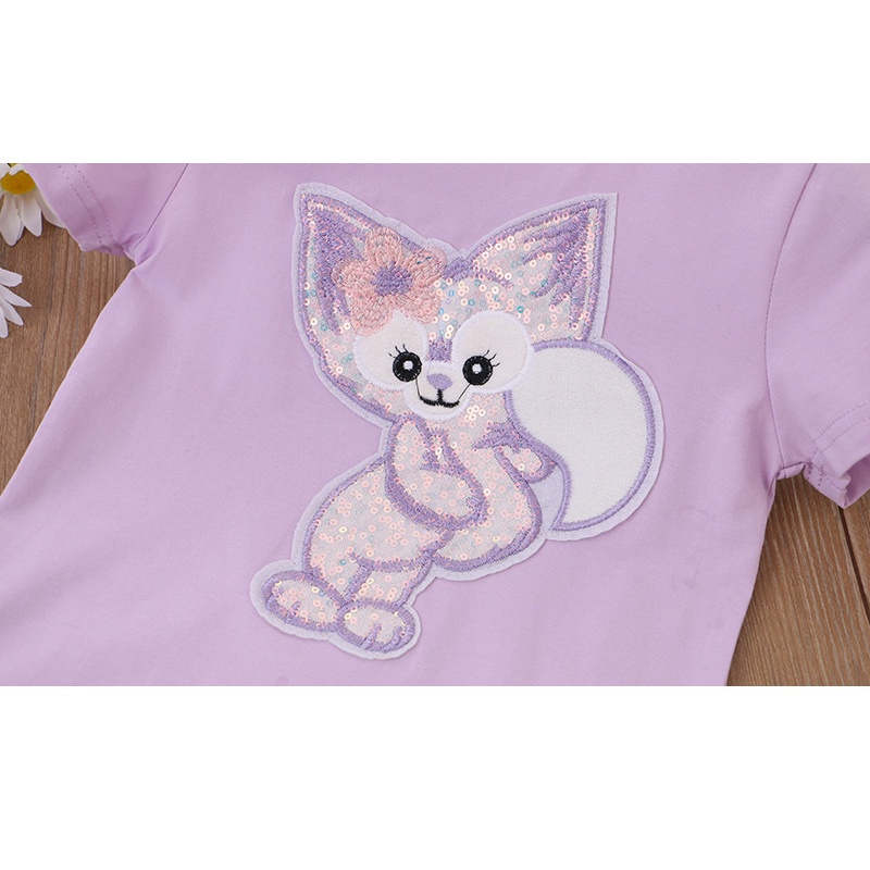 Áo Thun Tay Ngắn Cổ Tròn Vải Cotton Thoáng Khí In Hoạt Hình Đính Kim Sa Lấp Lánh Dễ Thương Cho Bé Gái