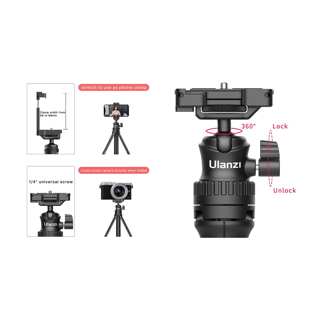 ULANZI MT-34 - HÀNG CHÍNH HÃNG - Chân Tripod tích hợp ngàm kẹp điện thoại, ballhead xoay 360°