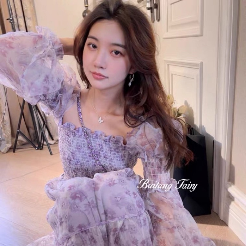 Váy trễ vai  voan hoa nhí dáng dài Ulzzang