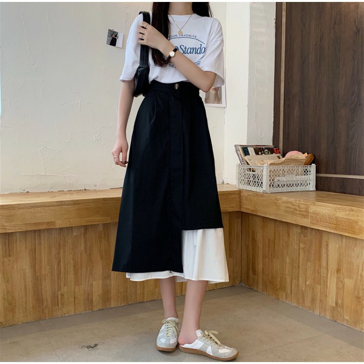 Chân váy dài, chân váy phối màu cạp cao ulzzang Hàn Quốc - Chân váy nữ ulzzang vải voan dày xòe vạt lệch phối đen trắng