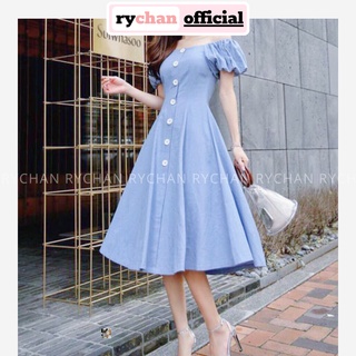 DX912 - Đầm Trễ Vai Tay Phồng Phối Nút Đầm Trễ Vai Đi Biển Đầm Đi Chơi Trẻ Trung Năng Động