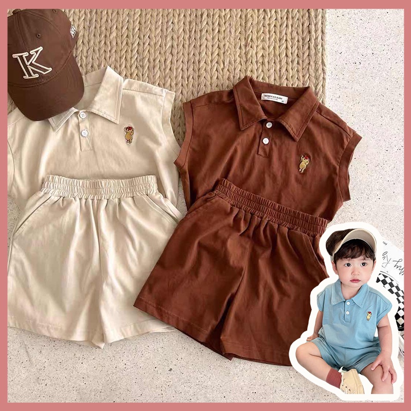 Set Đồ Đánh Golf Gồm Áo Polo Không Tay Họa Tiết Gấu + Quần Short Thời Trang Mùa Hè Cho Bé
