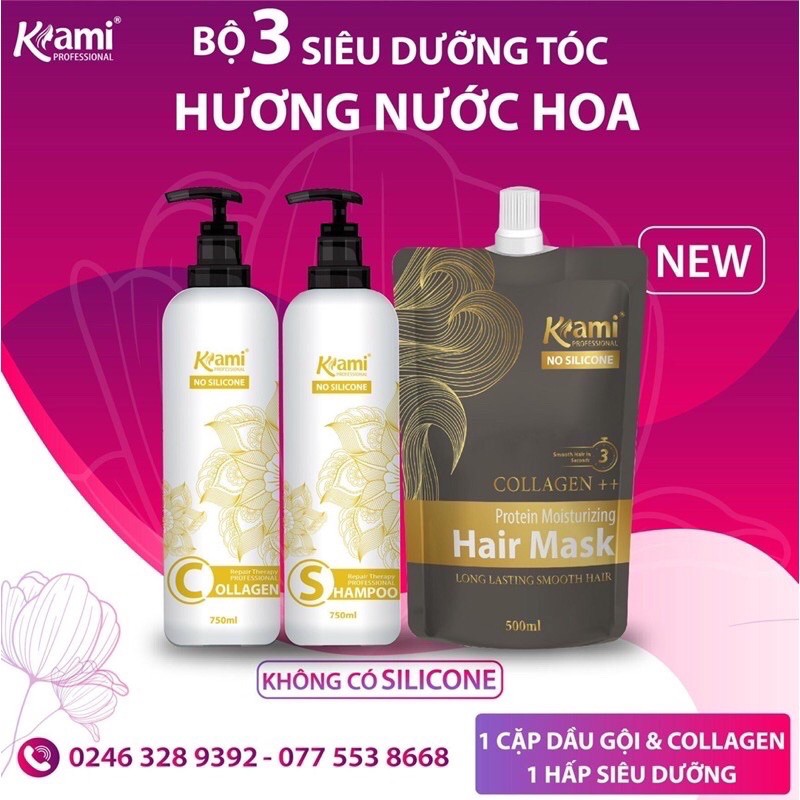 Bộ 3 Phục Hồi Tóc - Gội - Collagen - Keratin  Kami Dạng Chai 750ML