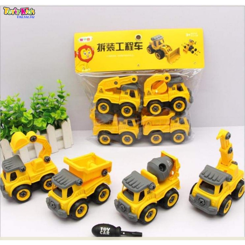 ( SIZE 8CM ) BỘ 4 XE CÔNG TRÌNH TỰ LẮP RÁP BẰNG TÔ VÍT VÀ ỐC VÍT - ĐỒ CHƠI GIÁO DỤC