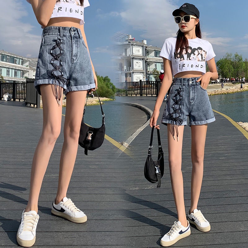 Quần Short Denim Buộc Dây 175241 Quần Short Nữ Lưng Cao Dáng Chữ a Phong Cách Retro