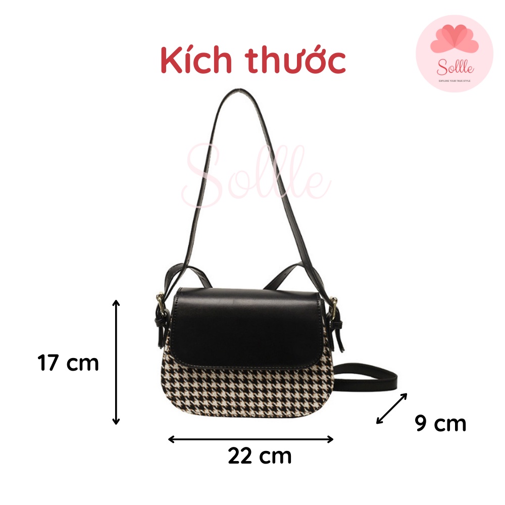 Túi xách nữ đeo chéo da lì nhỏ gọn nhiều ngăn kẹp nách caro răng sói nâu đen Ulzzang Sollle