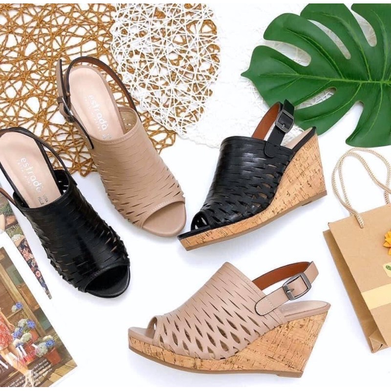 Sandal Đế Xuồng Da Dê Cao 7cm Hàng Cao Cấp Màu Đen Đen Và Kem VNXK