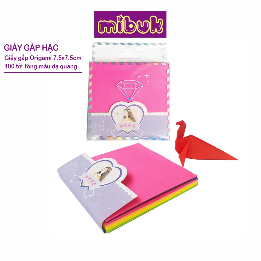 Giấy gấp Origami 7.5x7.5 cm 5 màu dạ quang 80 tờ giấy xếp hạc