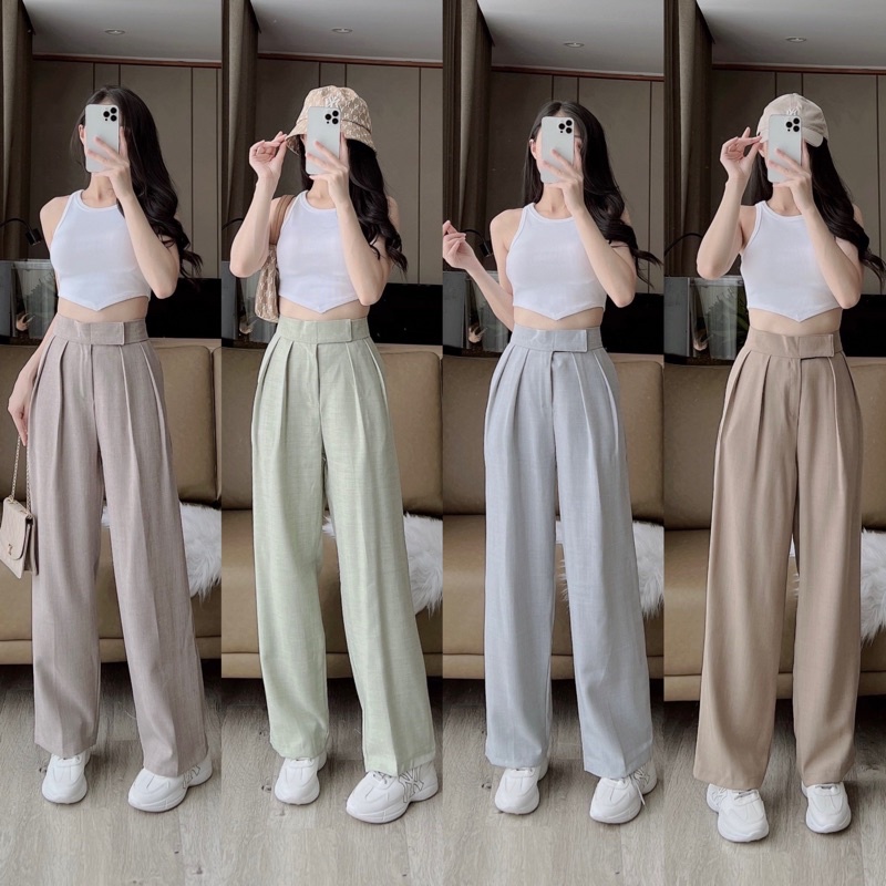 Quần tây ống rộng nữ cạp dán vải xước lưng chun MRQ005GX