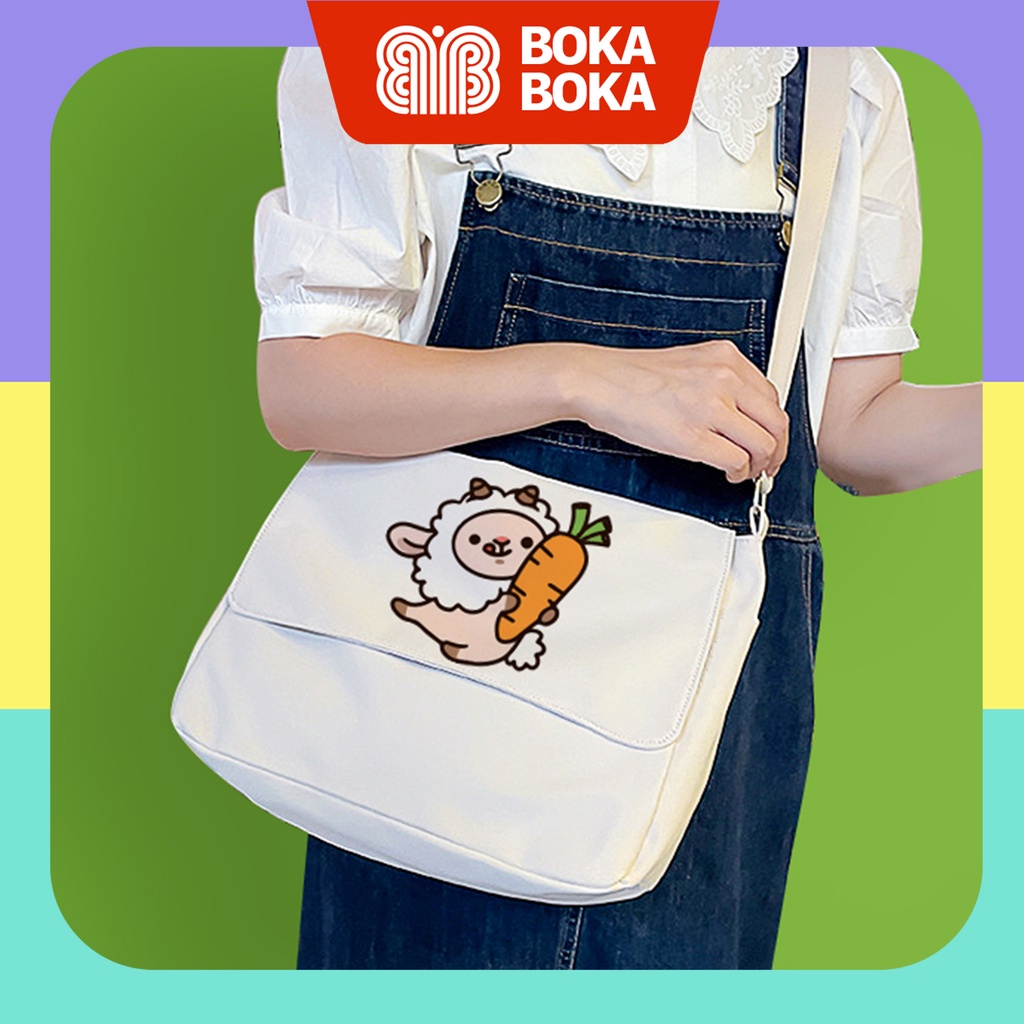 Túi vải đeo vai đeo chéo túi vải canvas màu trắng in hình Chú Cừu Cute