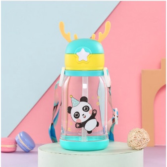 Bình nước ống hút trẻ em 600ml, bình cho bé hình sừng hươu dễ thương