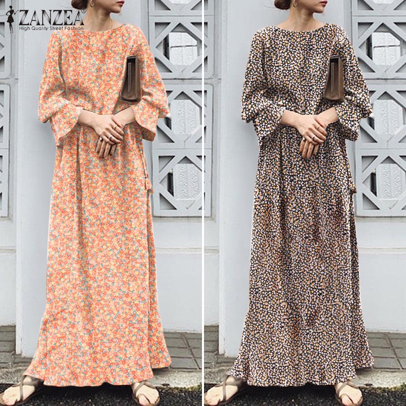 Đầm maxi Zanzea dài tay ống loe xẻ tà phong cách vintage thời trang cho nữ