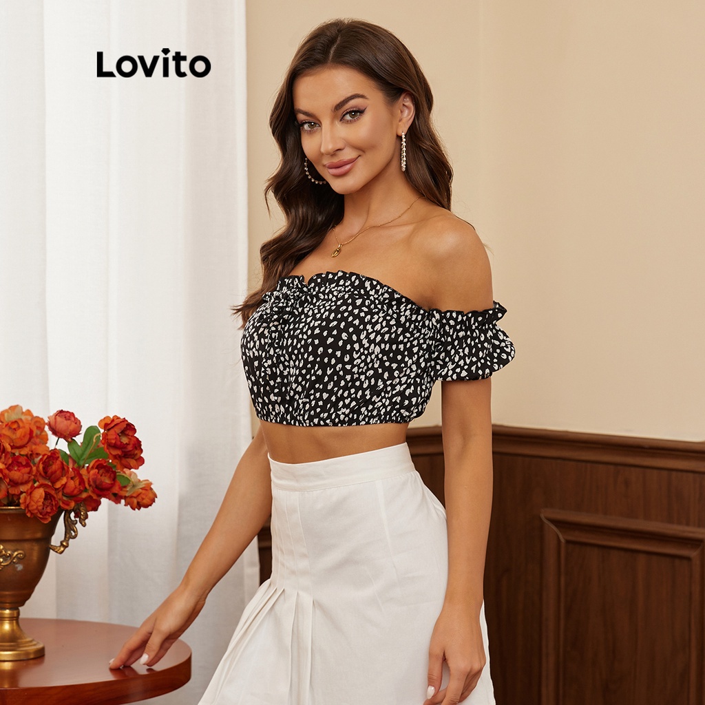 Áo kiểu Lovito dáng ngắn trễ vai phối ren da báo phong cách lãng mạn L17D148 (Màu đen)