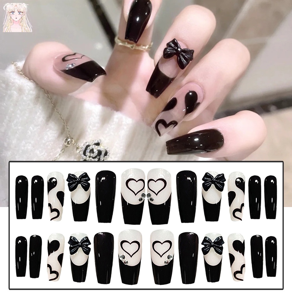 Set 24 Móng Tay Giả Màu Đen Trang Trí Cho Salon