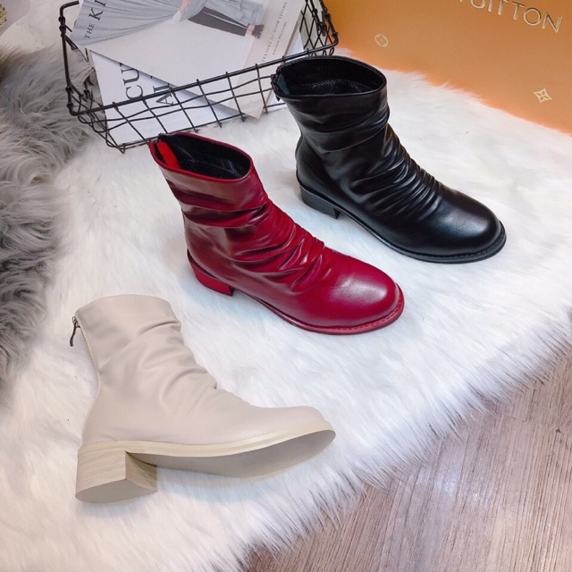 Bốt lửng nữ da mềm nhúm nhăn trước, Bốt nữ thời trang khóa kéo sau phối gân giữa full box cao cấp