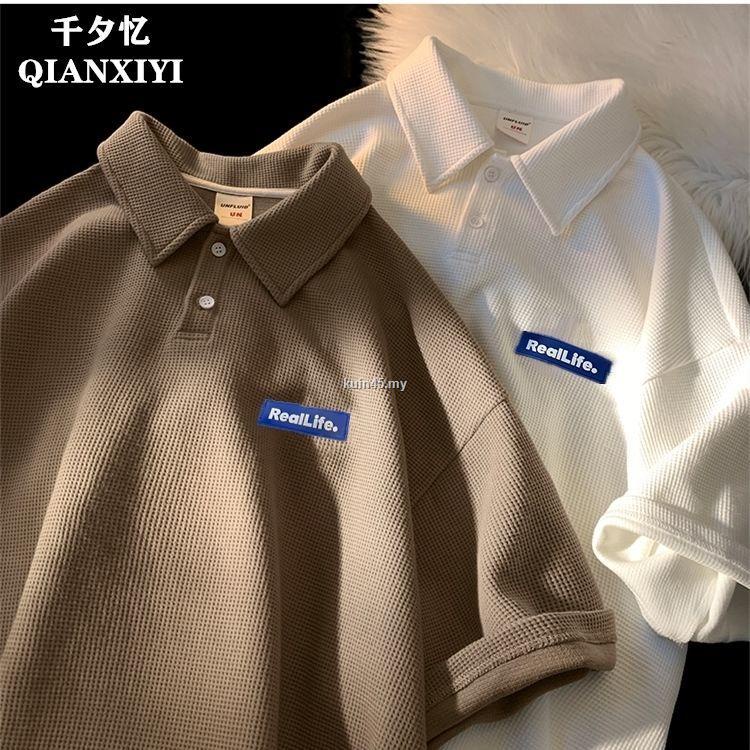 Áo Thun Polo Ngắn Tay Dáng Rộng In Logo Waffle Phổ Biến Cho Cặp Đôi