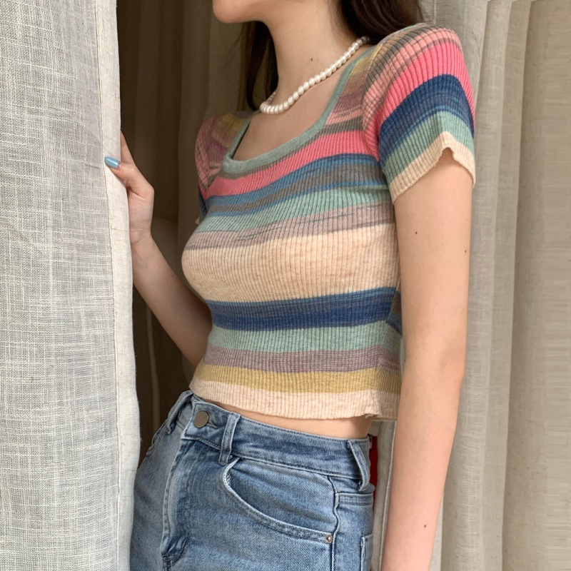 Porozi  Áo thun dệt kim ngắn tay  cổ vuông họa tiết kẻ sọc phong cách Hàn Quốc thời trang mùa hè cho nữ