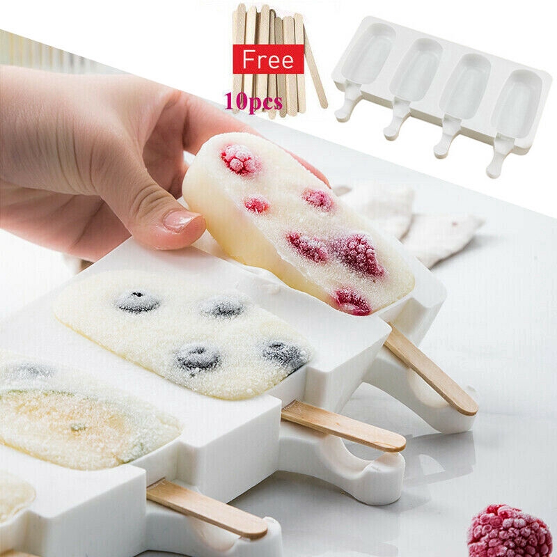4 Cell Food Safe Silicone Frozen Ice Cream Mold / summer Freezer Popsicle Maker / DIY Homemade Mould With Free Sticks