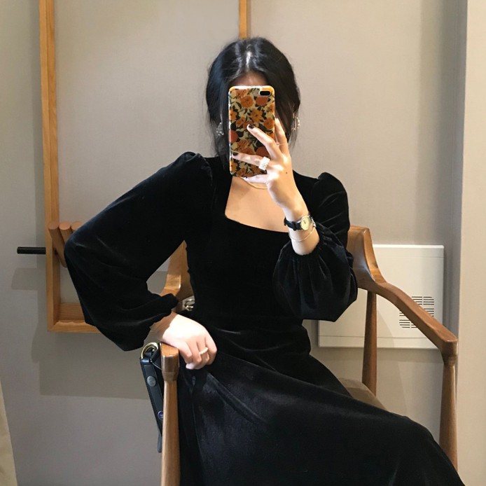 (ORDER) Váy nhung xòe dài tay cổ vuông bo eo sang chảnh kiểu Pháp đơn giản | BigBuy360 - bigbuy360.vn