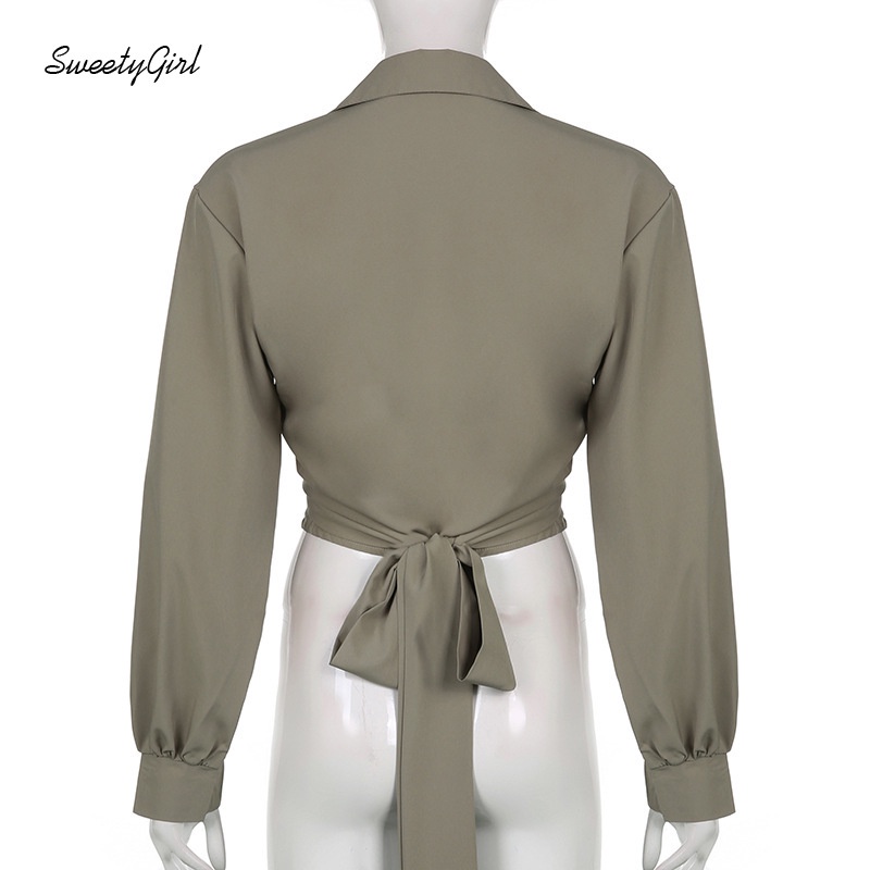 Áo Croptop Tay Dài Cổ Bẻ Màu Trơn 2022 Thời Trang Cho Nữ