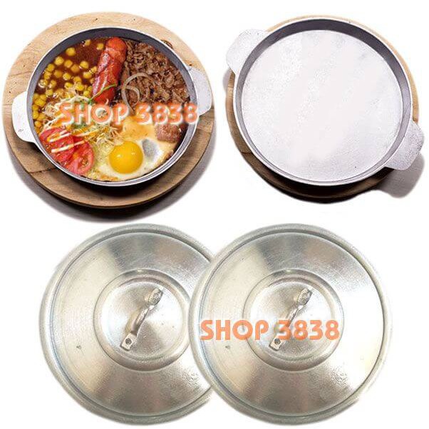 Chảo Gang - Nắp - Đế Gỗ  Làm Steak , Bò Né , Bánh Xèo