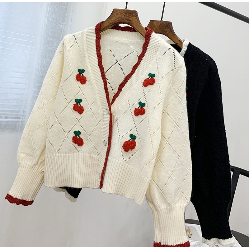 Áo khoác cardigan dệt kim tay dài in họa tiết quả cherry ngọt ngào