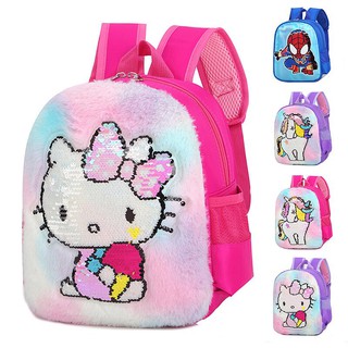 Balo Nhung Đính Kim Sa Hình Kì Lân Mèo Hello Kitty Màu Cầu Vồng Cho Bé Gái học mẫu giáo E287