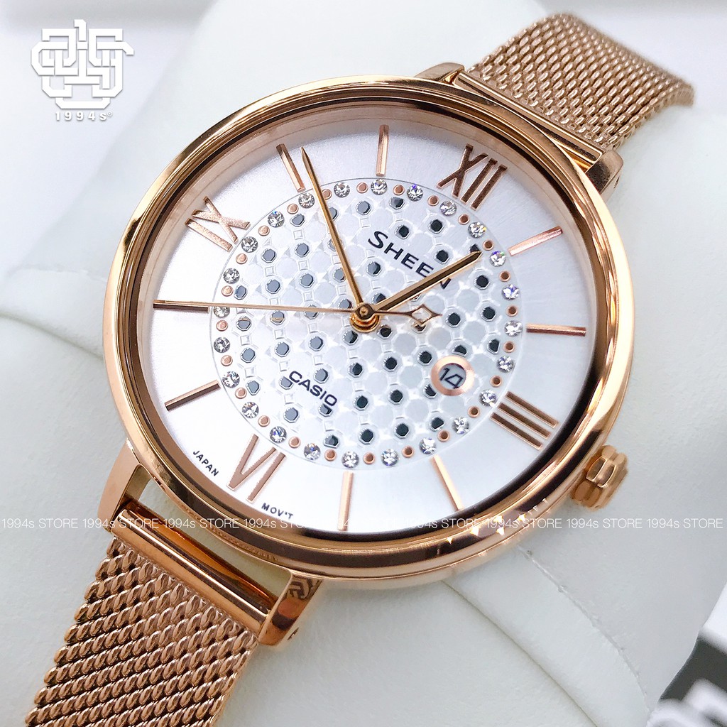 Đồng hồ nữ Casio Sheen SHE-4059 / SHE-4059PGM-7A đính đá pha lê Swarovski, dây thép không gỉ, size 34mm, hàng chính hãng