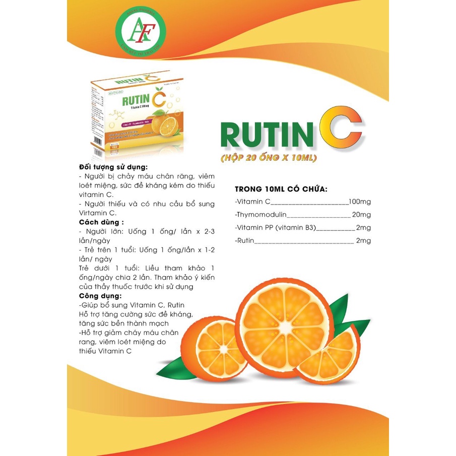 Rutin C hộp 20 ống giúp bổ sung Vitamin C, tăng cường sức đề kháng, giảm cháy máu chân răng, viêm loét miệng