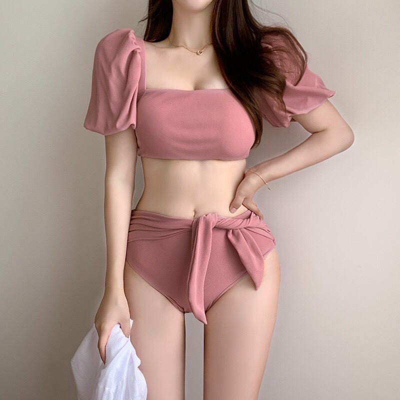[LOẠI 1 + HÌNH CHỤP THẬT] Bikini 2 mảnh áo tay con màu hồng đất, ,chất thun gân xinh xắn