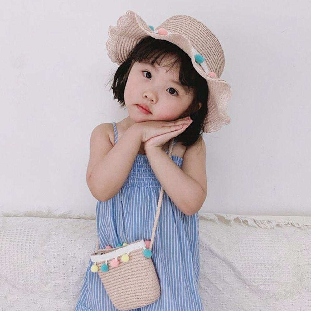 Mũ Cói Đi Biển Chống Nắng Đính Bóng Lông Nhiều Màu Sắc Dễ Thương Cho Bé Gái