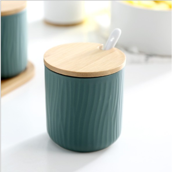 Bộ 3 hũ đựng gia vị bằng gốm sứ màu siêu tối giản tặng kèm khay
