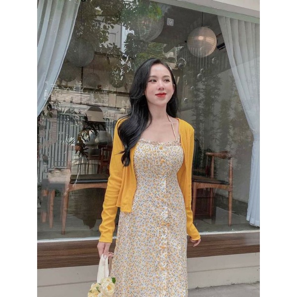 Set đầm hoa nhí vàng kèm áo khoác phong cách ngọt ngào- hàng thiết kế