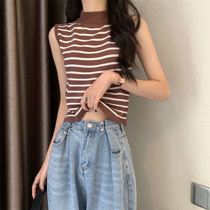 Áo Sweater Không Tay Dáng Ôm Họa Tiết Kẻ Sọc Trắng Đen Thời Trang Mùa Hè 【ZHELIHANGFEI】 / 2022